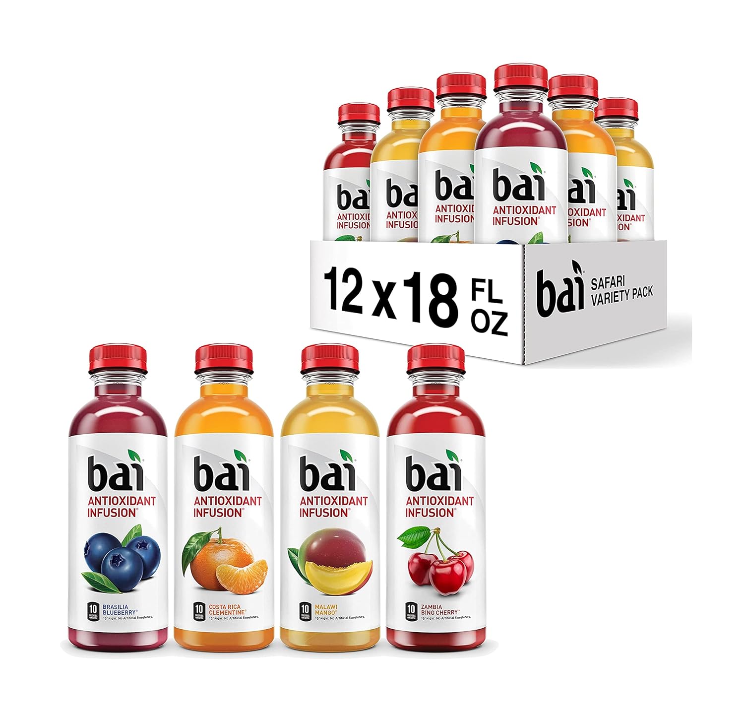 Bai Flavored Water, Safari Variety Pack, Antioxidant Infused Drinks, 18 Fluid Ounce Bottles, 12 Count, 3 Each of Brasilia Blueberry, Costa Rica Clementine, Malawi Mango, Zambia Bing Cherry,18 Fl Oz (Pack of 12) - Image 1